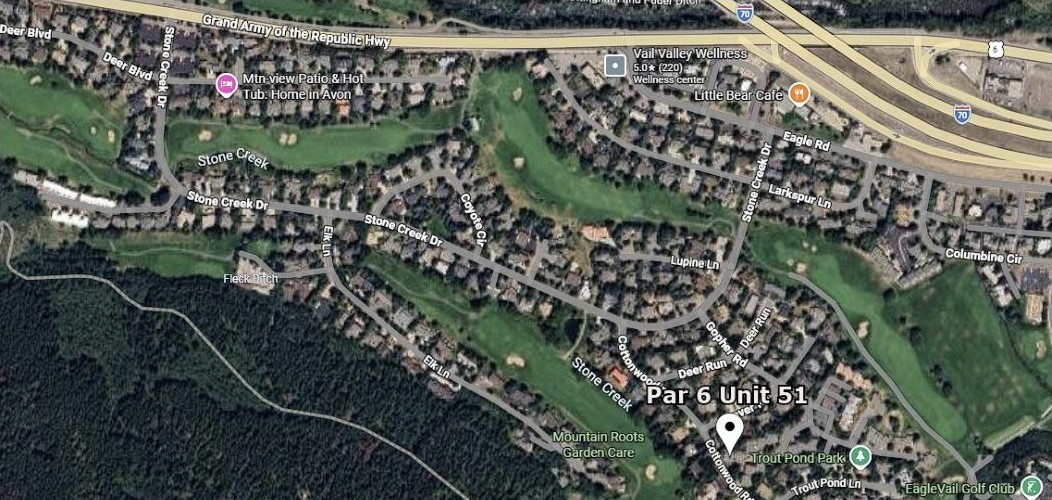 Subject property within EagleVail. Eagle-Vail Golf Club, Cottonwood Rd, and the I-70 buffer visible.
